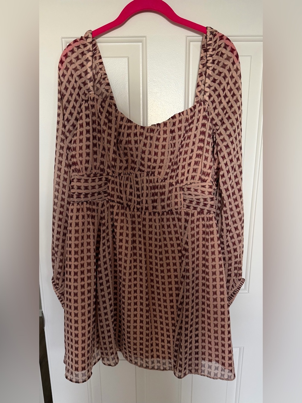 NWT Express Peach Dress with Burgundy Square Print